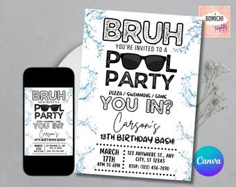 Bruh Pool Party Birthday Invitation, Editable Canva Template