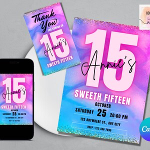 Editable Neon 15th Birthday Invitation, 15th Birthday Invitation, Neon Birthday Invitation, Neon Thank You Card