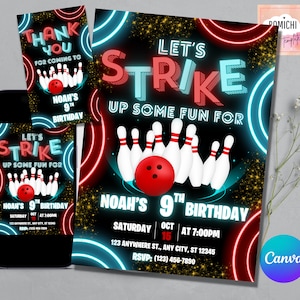 Editable Bowling Birthday Invitation, Bowling Party Invitation, Kids Bowling Invitation, Let&#39;s Strike Up Some Fun Pins, Glow Galaxy