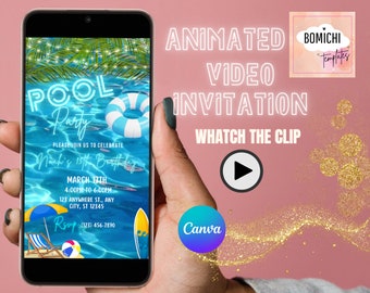May include: A smartphone screen displaying a blue and white pool party invitation with the text "POOL Party" in neon blue letters. The invitation includes the text "Please join us to celebrate Noah's 15th Birthday" and details for the party, including the date, time, and location. The background of the invitation is a blue pool with water ripples and a palm tree with lights. The text "ANIMATED VIDEO INVITATION" is displayed above the phone screen in white letters with a pink background. The text "WATCH THE CLIP" is displayed below the phone screen in white letters with a pink background. A play button is displayed below the text. The text "BOMICHI Templates" is displayed in the upper right corner of the image.