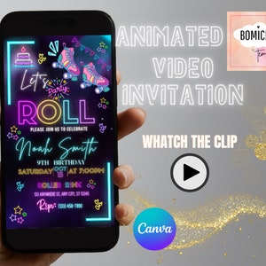 Roller Skate Birthday Video Invitation, Skate Party Birthday Invitation, Party Invitation Girl Roller Skating, Retro Neon Lights Template