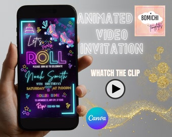 Roller Skate Birthday Video Invitation, Skate Party Birthday Invitation, Party Invitation Girl Roller Skating, Retro Neon Lights Template