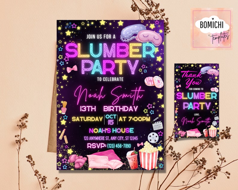 Puede incluir: Un vibrante juego de tarjetas de invitaci&oacute;n y agradecimiento para una fiesta de pijamas. La invitaci&oacute;n presenta el texto "Slumber Party" en colores ne&oacute;n, junto con los detalles del 13 cumplea&ntilde;os de Noah Smith. El dise&ntilde;o incluye estrellas, antifaces y otros gr&aacute;ficos tem&aacute;ticos de fiesta.
