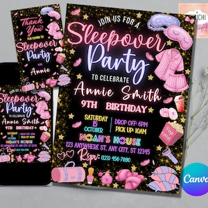 Sleepover Birthday Invitation, Printable Sleepover Invite, Slumber Party, Pajama Party, Retro Neon Lights Editable Template