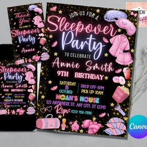 Invito di compleanno pigiama party, Invito pigiama party stampabile, Pigiama Party, Pigiama Party, Modello modificabile con luci al neon retrò