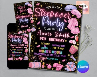 Sleepover-Geburtstagseinladung, Retro-Neonlichter, bearbeitbare Vorlage