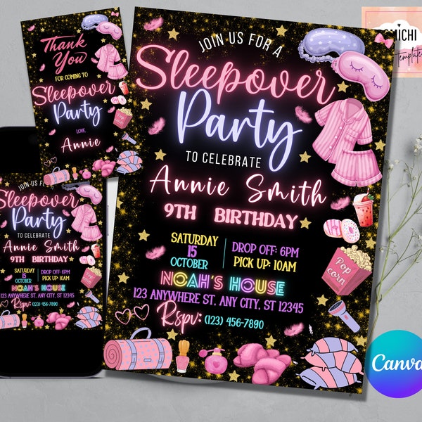 Sleepover Geburtstagseinladung, druckbare Sleepover Invite, Pyjamaparty, Retro Neonlichter bearbeitbare Vorlage