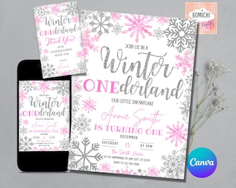 Winter Onederland Invitation Girl 1st Birthday Invitation, Winter Wonderland Birthday Invitation, First Birthday Snowflake Editable Template