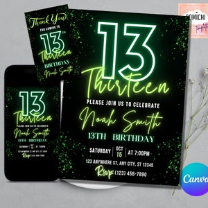 Invitación de cumpleaños número 13, invitación de cumpleaños azul, invitación de cumpleaños de neón, invitación de cumpleaños de adolescente, cumpleaños de niño de 14 años
