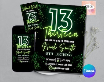 Neon 13th Birthday Invitation, Teen Party (Digital Template)