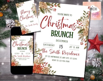 Christmas Brunch Invitation Template, Editable Floral Design (PDF/JPEG)