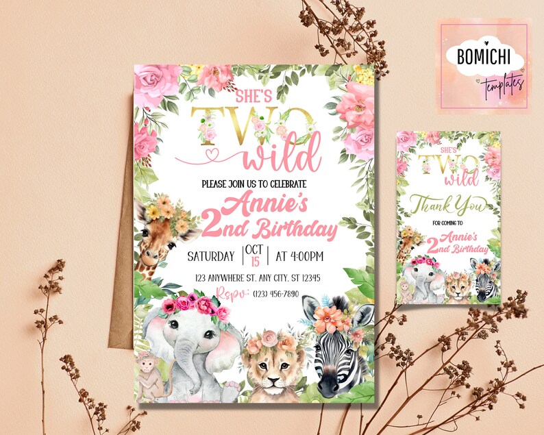 May include: A pink and gold invitation for a girl's 2nd birthday party. The invitation features a jungle theme with a giraffe, elephant, lion, and zebra. The text on the invitation reads "She's Two Wild" and "Annie's 2nd Birthday".