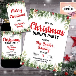 Editable Christmas Dinner Invitation Template, Dinner party Invitation, Christmas Dinner Party Invite, FREE Merry Christmas Tag