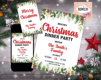 Editable Christmas Dinner Invitation Template, Dinner party Invitation, Christmas Dinner Party Invite, FREE Merry Christmas Tag
