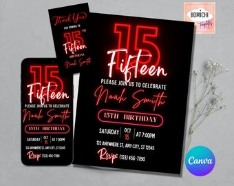 Faire-part 15e anniversaire néon modifiable, invitation à une fête pour adolescents (numérique)