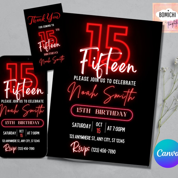 EDITABLE Neon Birthday Invitation, Red Birthday Invite, 15th Birthday Invitation, Teenager Birthday Invitation, Electronic Birthday Invite