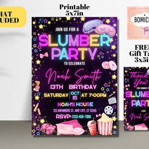 Puede incluir: Una invitaci&oacute;n imprimible de fiesta de pijamas de 5x7 pulgadas con una etiqueta de regalo de 3x5 pulgadas. La invitaci&oacute;n presenta un dise&ntilde;o de ne&oacute;n con las palabras "Slumber Party" y los detalles del cumplea&ntilde;os n&uacute;mero 13 de Noah Smith.