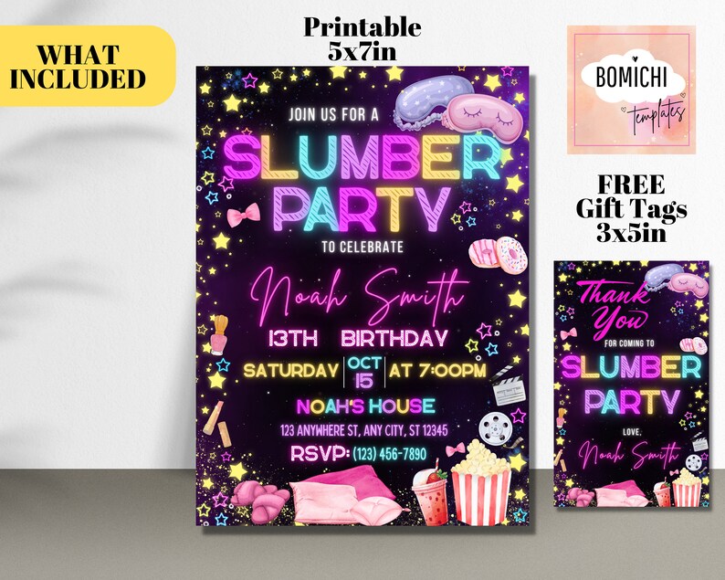 Puede incluir: Una invitaci&oacute;n imprimible de fiesta de pijamas de 5x7 pulgadas con una etiqueta de regalo de 3x5 pulgadas. La invitaci&oacute;n presenta un dise&ntilde;o de ne&oacute;n con las palabras "Slumber Party" y los detalles del cumplea&ntilde;os n&uacute;mero 13 de Noah Smith.