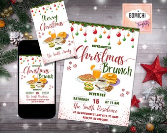 Peut inclure: Une invitation et une étiquette cadeau pour un brunch de Noël. L'invitation présente une illustration de brunch, des flocons de neige et le texte : "Vous êtes invité(e) au brunch de Noël" et les détails de l'événement. L'étiquette cadeau dit "Joyeux Noël".