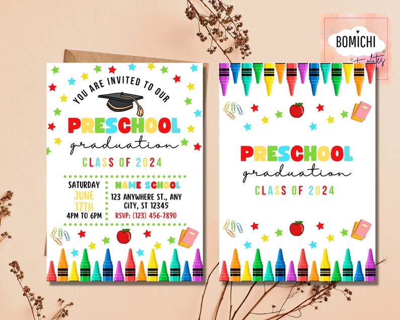 Preschool Graduation Invitation Template, Colorful Crayon Design ...