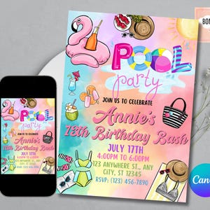 Editable Pool Party Invitation, Girl Pool Birthday Party, Pastel Invite, Summer Birthday Party, Swimming Party, kids Pool Birthday Celebrate