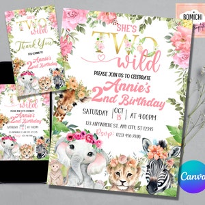 Editable Safari Birthday Invitation, Girl Two Wild Invitation, Jungle Animals Invitation, 2nd Birthday Invitation, FREE Safari Thank you Tag