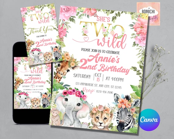 Editable Safari 2nd Birthday Invitation, Jungle Animals (Digital Download)