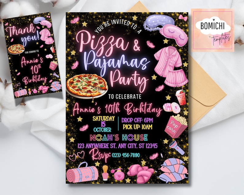 Puede incluir: Una invitaci&oacute;n negra y dorada con texto rosa ne&oacute;n para una fiesta de pizza y pijamas para celebrar el d&eacute;cimo cumplea&ntilde;os de Annie. La invitaci&oacute;n incluye detalles como la fecha, la hora y el lugar de la fiesta. La invitaci&oacute;n presenta una pizza, un pijama, una m&aacute;scara para dormir y un cubo de palomitas.