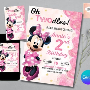 Oh Twodles Invitation, Minnie Birthday Invitation for Girls, Minnie Mouse Invitation, Editable Oh Twodles Invite, FREE Thank You Tag