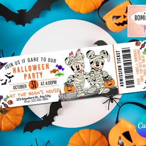 May include: A Halloween party invitation with a white background and a colourful design. It features Mickey and Minnie Mouse dressed as mummies, holding buckets of sweets. The text reads "Join us if dare to our Halloween Party, October 31 at 4:00pm, At the Noah's House, 123 Anywhere St., Any City, Rsvp: (123) 456-7890, Admission Ticket, Food - Games & Surprises, Prize for Best Costume, Trick or Treat".