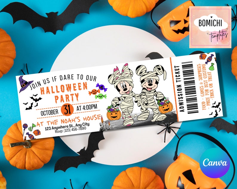May include: A Halloween party invitation with a white background and a colourful design. It features Mickey and Minnie Mouse dressed as mummies, holding buckets of sweets. The text reads "Join us if dare to our Halloween Party, October 31 at 4:00pm, At the Noah's House, 123 Anywhere St., Any City, Rsvp: (123) 456-7890, Admission Ticket, Food - Games & Surprises, Prize for Best Costume, Trick or Treat".