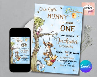 Invitación clásica de cumpleaños de Winnie the Pooh, invitación para el primer cumpleaños (PDF/JPEG)