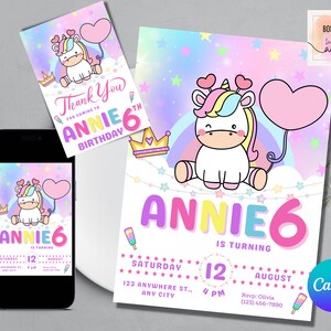 Editable Unicorn Birthday Invitation, Unicorn Invitation, Rainbow Unicorn Birthday Invitation, Unicorn Birthday Girl, Unicorn Thank you Tag