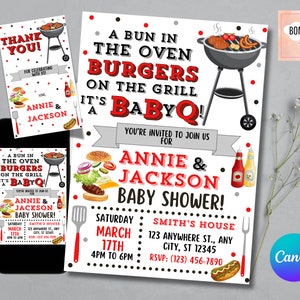 May include: A baby shower invitation and thank you card set with a BBQ theme. The invitation features text "A Bun in the Oven, Burgers on the Grill, It's a BabyQ!" with details for Annie & Jackson's baby shower.