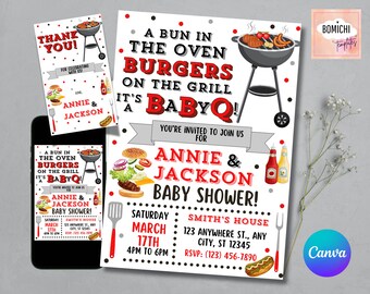 Pode incluir: Um conjunto de convite e cartão de agradecimento para chá de bebé com tema de churrasco. O convite apresenta o texto "A Bun in the Oven, Burgers on the Grill, It's a BabyQ!" com detalhes para o chá de bebé de Annie e Jackson.