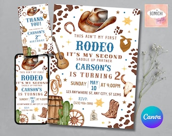 Può includere: Un invito bianco e marrone con un cappello da cowboy, stivali e un lazo. Il testo recita "This ain't my first rodeo. It's my second saddle up partner Carson's is turning 2. Sunday, May 10 at 4:00 PM. 123 Anywhere St, Any City, ST 12345. RSVP: (123) 456-7890."