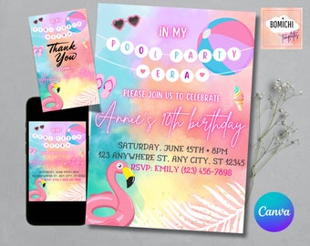 Pool Party Invitation, Kids Birthday, Editable Canva Template (Digital Download)