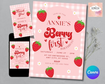 Berry First Birthday Invitation Template, Editable Canva (Digital Download)
