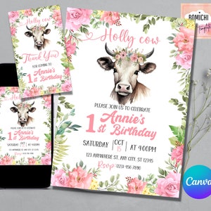 Holy Cow Birthday Invitation Template, Holy Cow Invitation, Editable Holy Cow invitation, Cowgirl Invitation, FREE Cow Thank You Tag