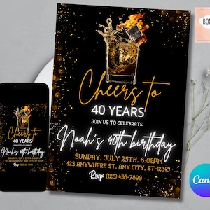 Whiskey Birthday Invitation, Surprise Party Adult, 30th 40th 50th Any Age, Cognac Scotch Liquor, Canva Editable Adult Men Birthday Invite
