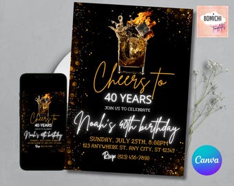 Whiskey Birthday Invitation, Any Age, Neon Party Invite (Digital Download)