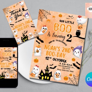 Our Little Boo Birthday Invitation, Halloween Invitation Template, Editable and Printable Boo Invitation Instant Download, Boo Thank You Tag
