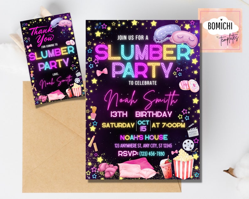 Puede incluir: Un vibrante juego de tarjetas de invitaci&oacute;n y agradecimiento para una fiesta de pijamas. La invitaci&oacute;n presenta el texto "Slumber Party" en colores ne&oacute;n, junto con los detalles de la fiesta y el nombre "Noah Smith". La tarjeta de agradecimiento tiene elementos de dise&ntilde;o a juego.