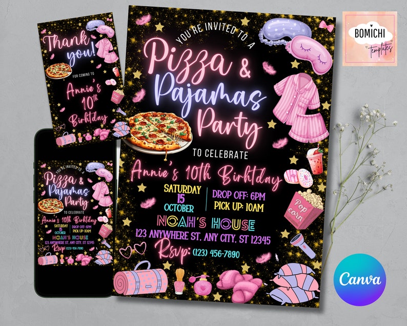 Puede incluir: Una invitaci&oacute;n negra y dorada para una fiesta de pizza y pijamas para celebrar el d&eacute;cimo cumplea&ntilde;os de Annie. La invitaci&oacute;n presenta una m&aacute;scara para dormir rosa y morada, una pizza y un pijama rosa y blanco. El texto de la invitaci&oacute;n dice "Est&aacute;s invitado a una fiesta de pizza y pijamas para celebrar el d&eacute;cimo cumplea&ntilde;os de Annie".