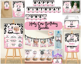Holy Cow Birthday Invitation Bundle, Editable Canva Template