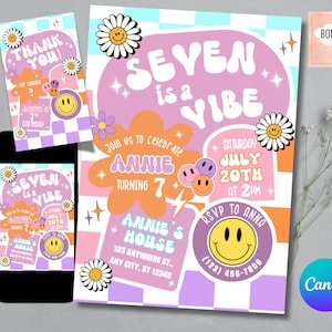 Editable FIVE is a Vibe Checkered Smiley Face Birthday invite, Groovy Retro birthday, emoji invitation Tween Birthday, Any Age Girl Birthday