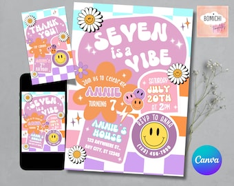 Retro Checkered Birthday Invitation, Groovy Smiley Face, Editable Template