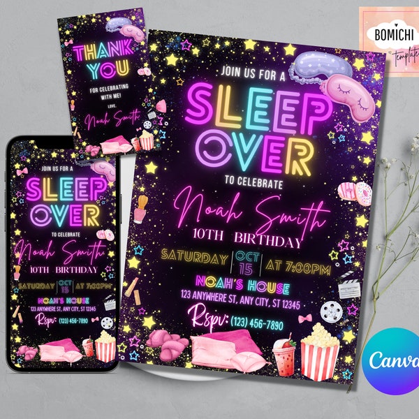 Sleepover Birthday Invitation, Electronic and Printable Sleepover Invite, Slumber Party, Pajama Party, Retro Neon Lights Editable Template