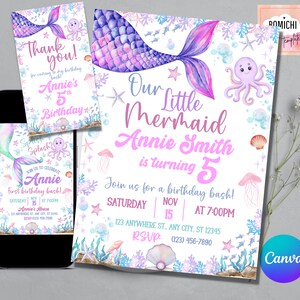 Faire-part sirène modifiable, fête d'anniversaire sirène sous la mer, faire-part petite sirène, fête d'anniversaire sirène lunatique
