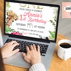 May include: A laptop computer displaying a digital invitation for a first birthday party. The invitation features a giraffe with a flower crown and the text "Please join us to celebrate Annie's 1st Birthday. Saturday Oct 15 at 4:00 PM. 123 Anywhere St. Any City, ST 12345. Rspv (123) 456-7890."